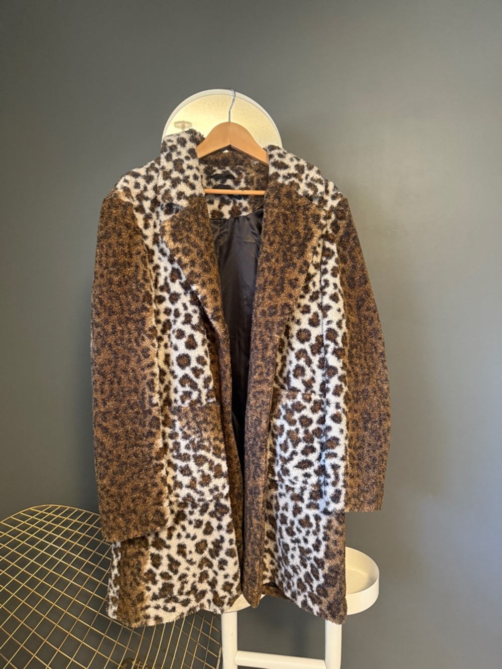 French Connection Brown and White Leopard Faux Fur Coat